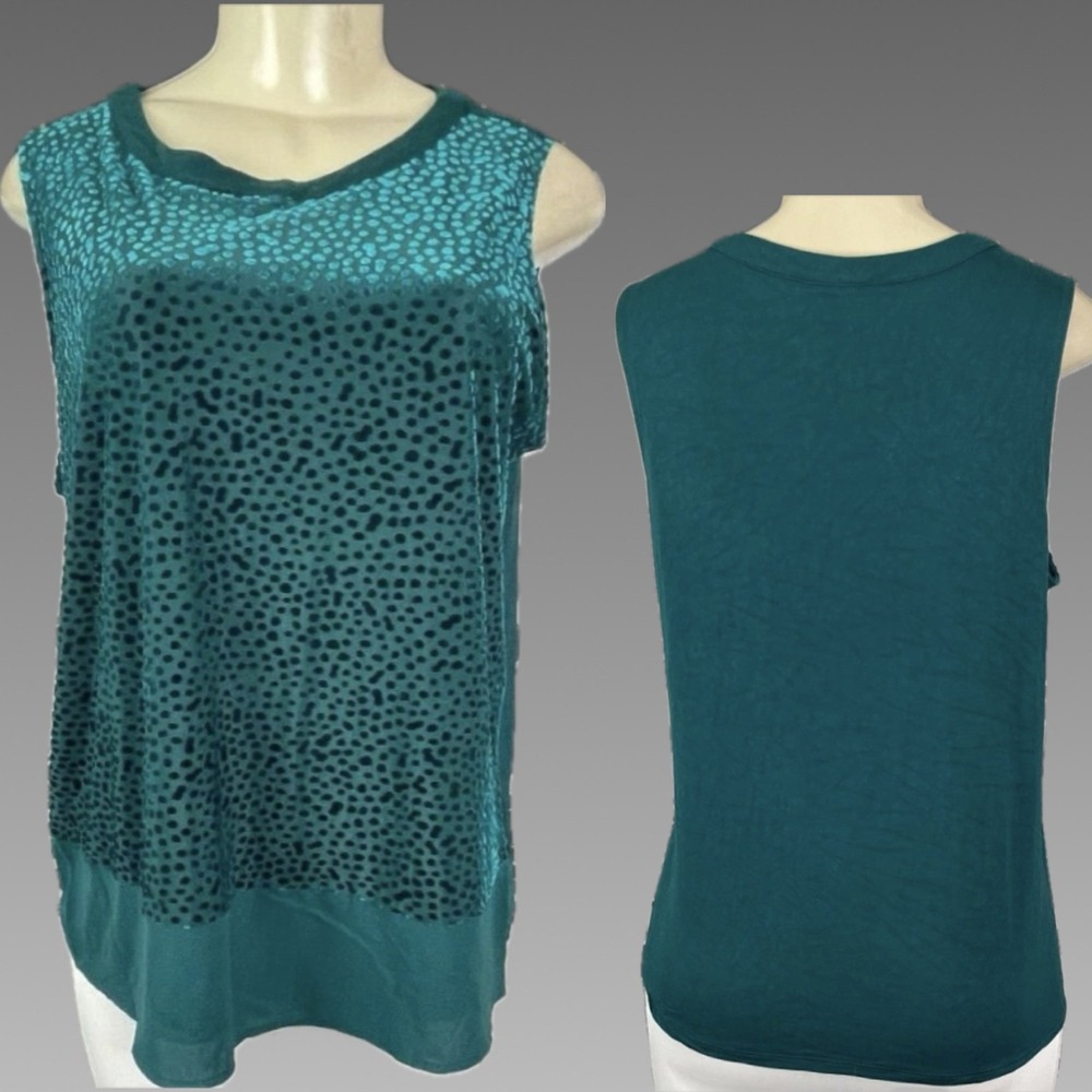Apt. 9 L Teal Green Velvet Flocked Polka Dot Crew Front Lined Sleeveless Blouse